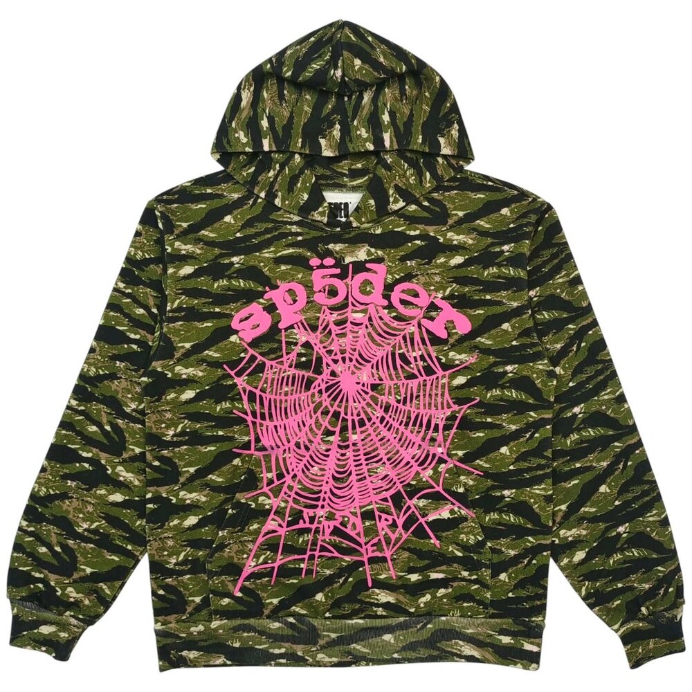 Green Camo Hoodie with Pink Spiderweb Graphic